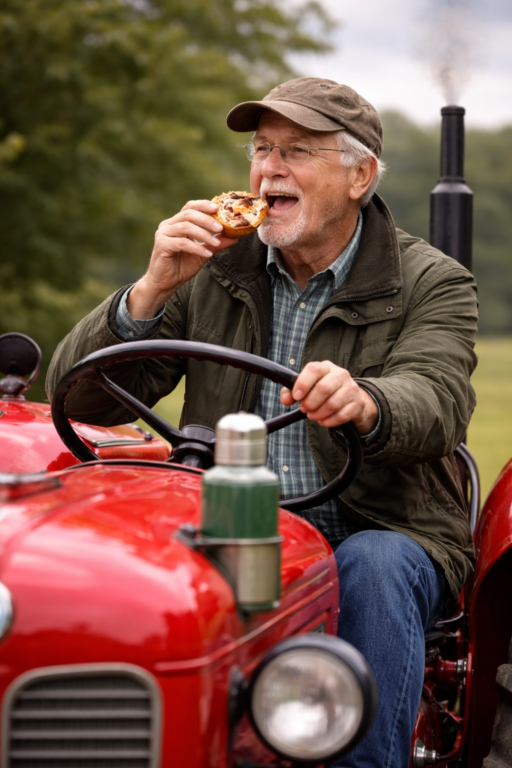 Vintage tractor man enjoying his Melton Mowbray Pork Pie
